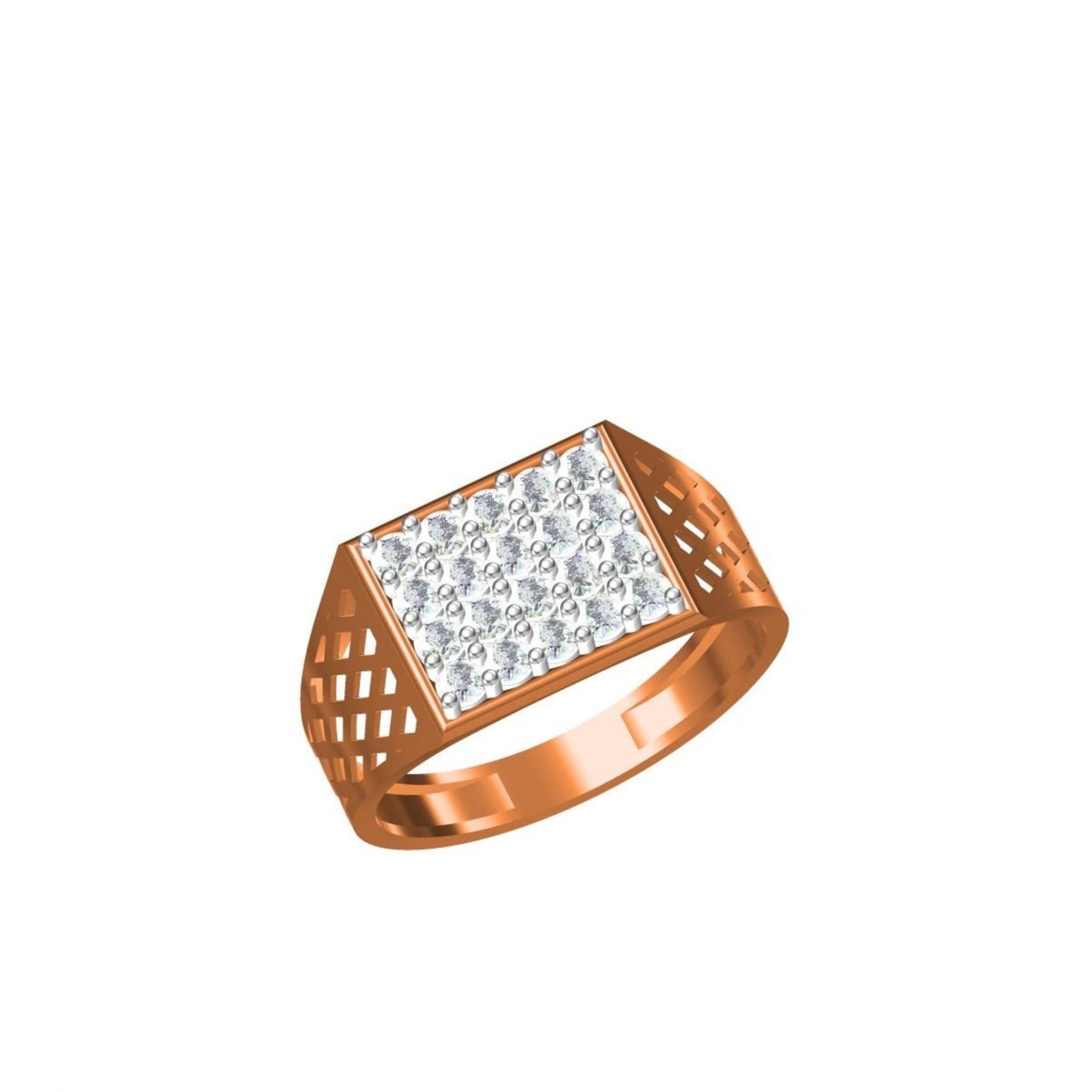 A rose gold signet ring with a square face paved with clear stones, shown on a plain white background with a small specification table and 'IO' logo at the bottom.
