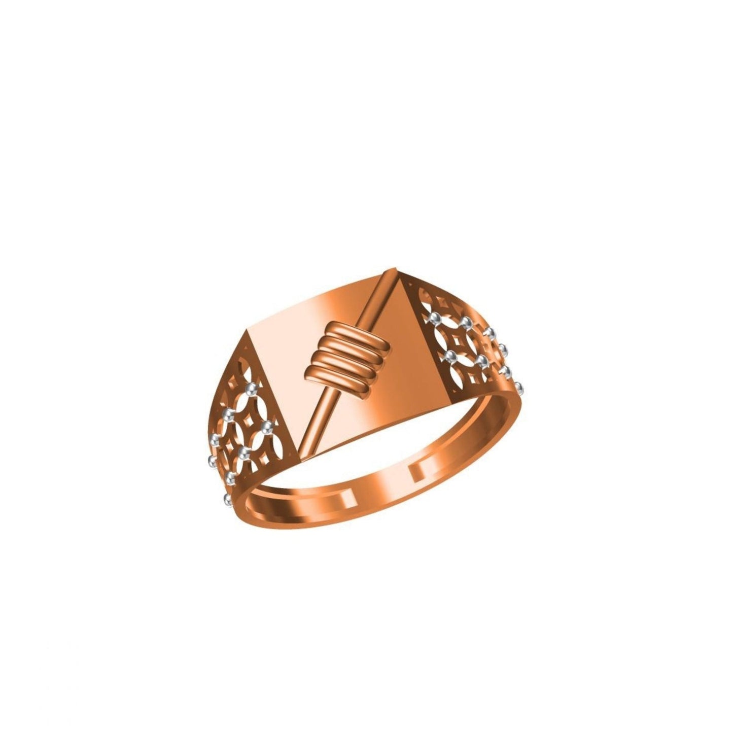 A rose gold signet ring with a geometric triangular face, featuring a central wrapped detail and textured, openwork side panels, shown on a plain white background.