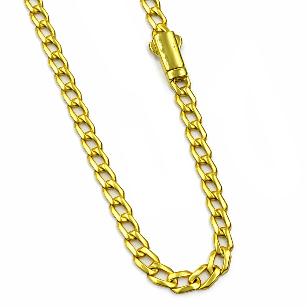 Gold chain necklace with clasp on a white background