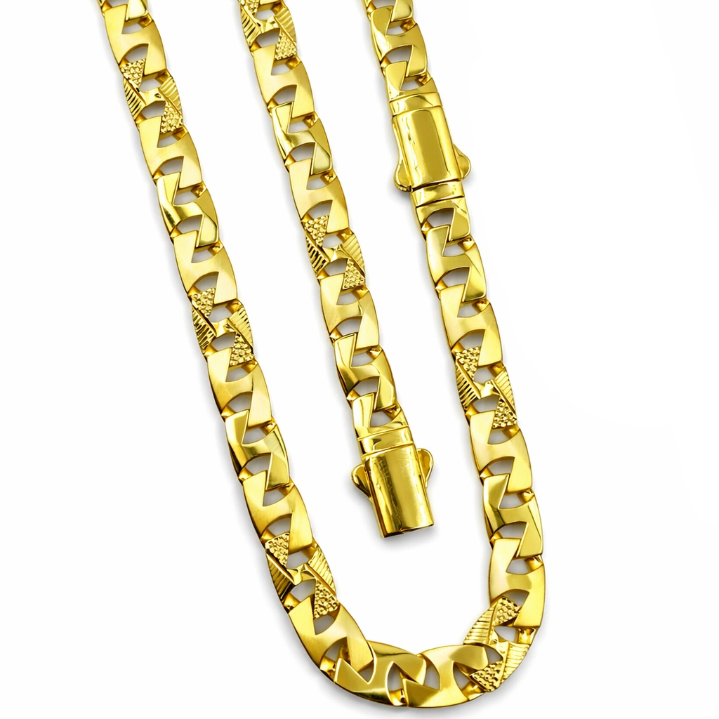 Gold chain necklace with a clasp on a white background