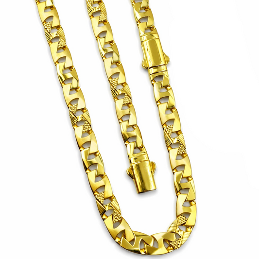 Gold chain necklace with a clasp on a white background