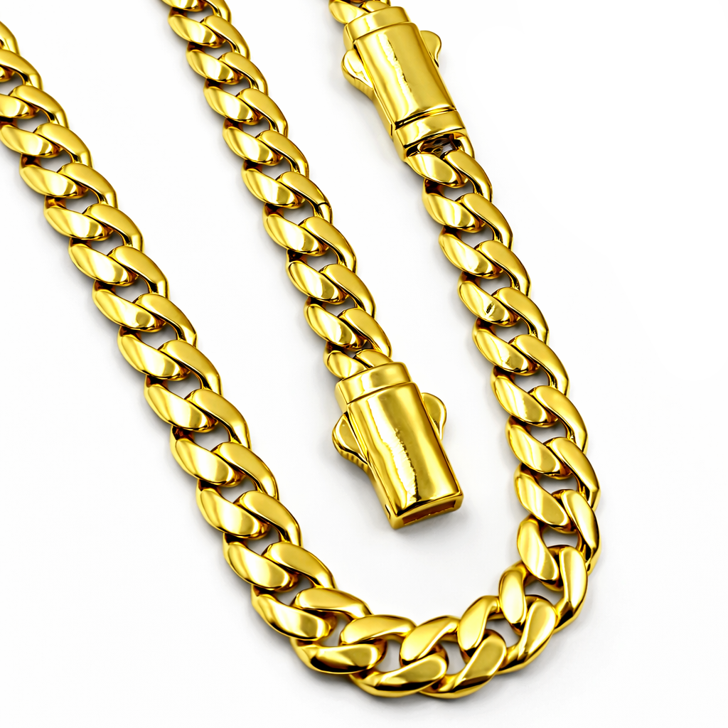 Gold chain necklace with clasp on a white background