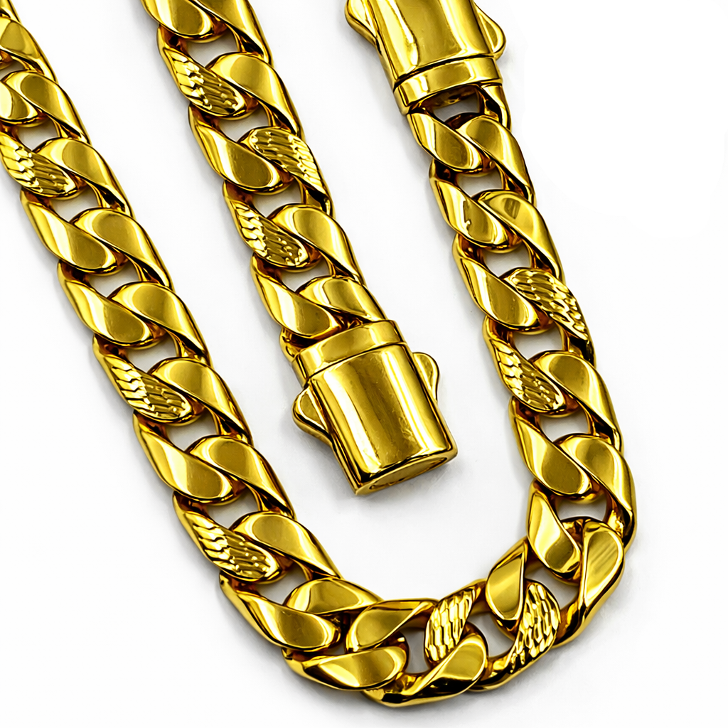 Gold chain necklace with clasp on a white background