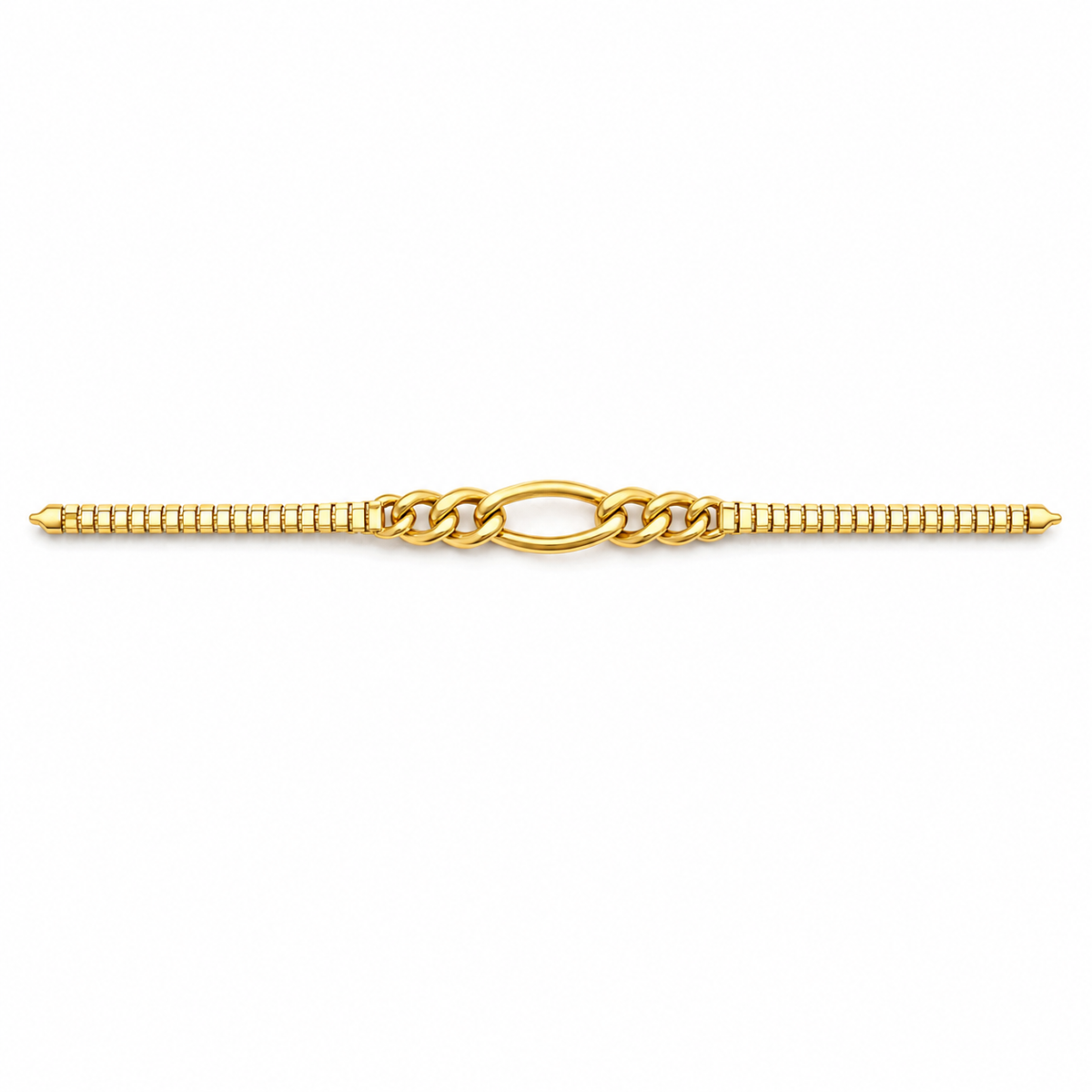 A gold chain bracelet featuring a central oval link motif flanked by textured beaded sections on both ends, shown against a plain white background.