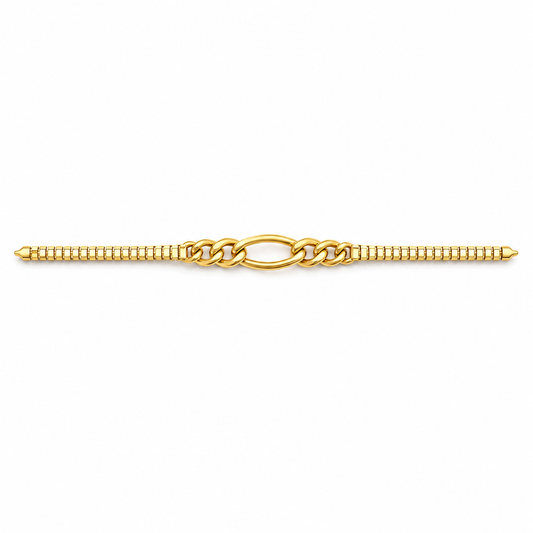 A gold chain bracelet featuring a central oval link motif flanked by textured beaded sections on both ends, shown against a plain white background.