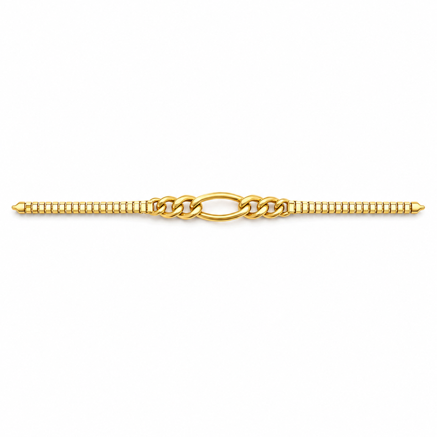 A gold chain bracelet featuring a central oval link motif flanked by textured beaded sections on both ends, shown against a plain white background.