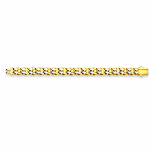 A yellow gold Cuban link chain bracelet shown horizontally against a plain white background.