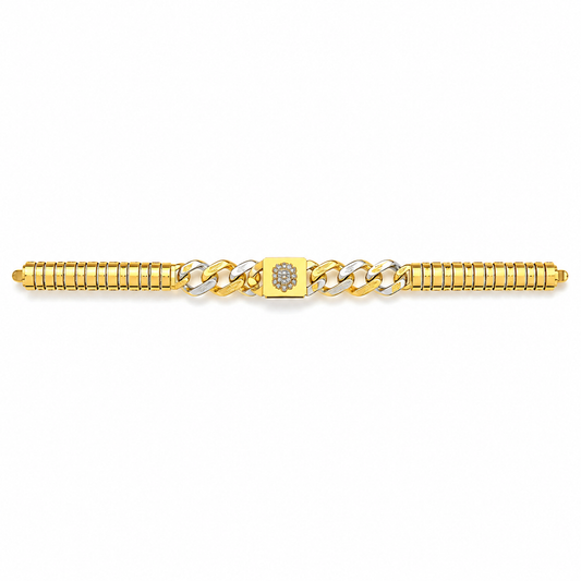 A gold chain bracelet featuring a central square link with a small pavé diamond and a wrap-around dual-tone chain on either side.