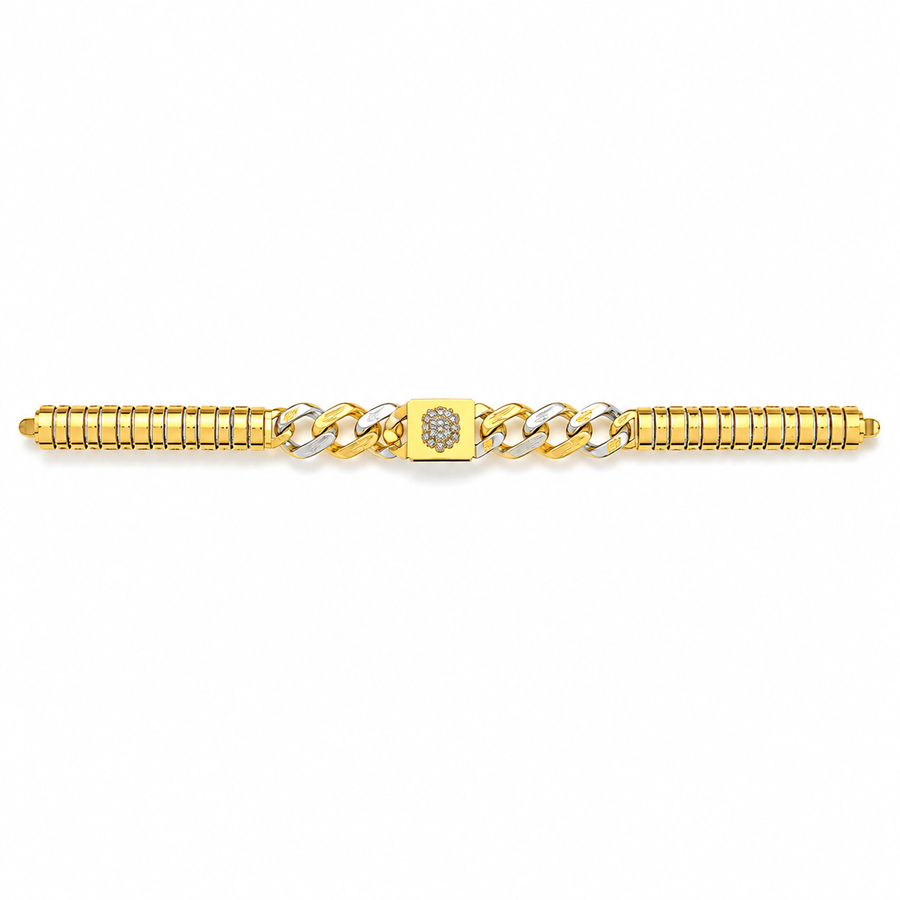 A gold chain bracelet featuring a central square link with a small pavé diamond and a wrap-around dual-tone chain on either side.