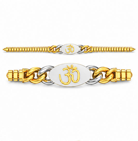 Four gold and silver bracelet designs displayed on a clean white background, each featuring a central oval plate with different symbols: Om, infinity, and two variations of a chakra symbol with one adorned with a clear gemstone.
