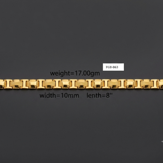 A gold-colored metal link bracelet displayed horizontally on a dark gray background, with text overlays showing its specifications: weight=17.00g, width=10mm, and length=8".