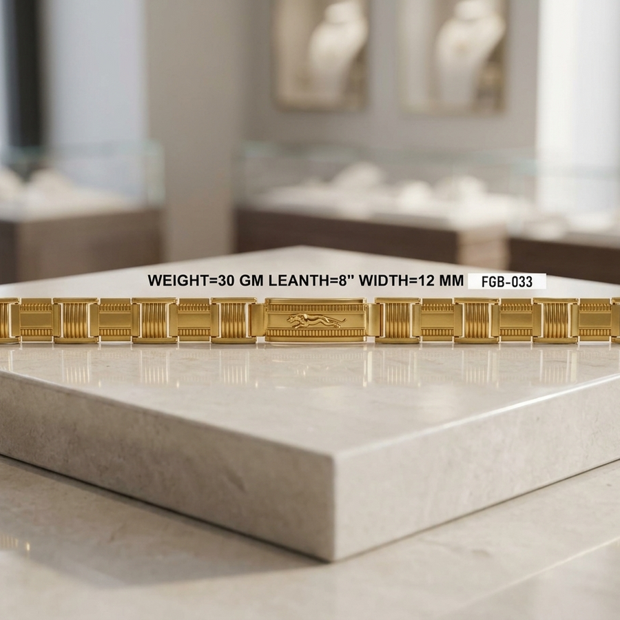 A gold Italian charm bracelet with rectangular links and a central horse logo, displayed on a light marble pedestal in a jewelry store setting. Text overlay provides weight and dimensions.