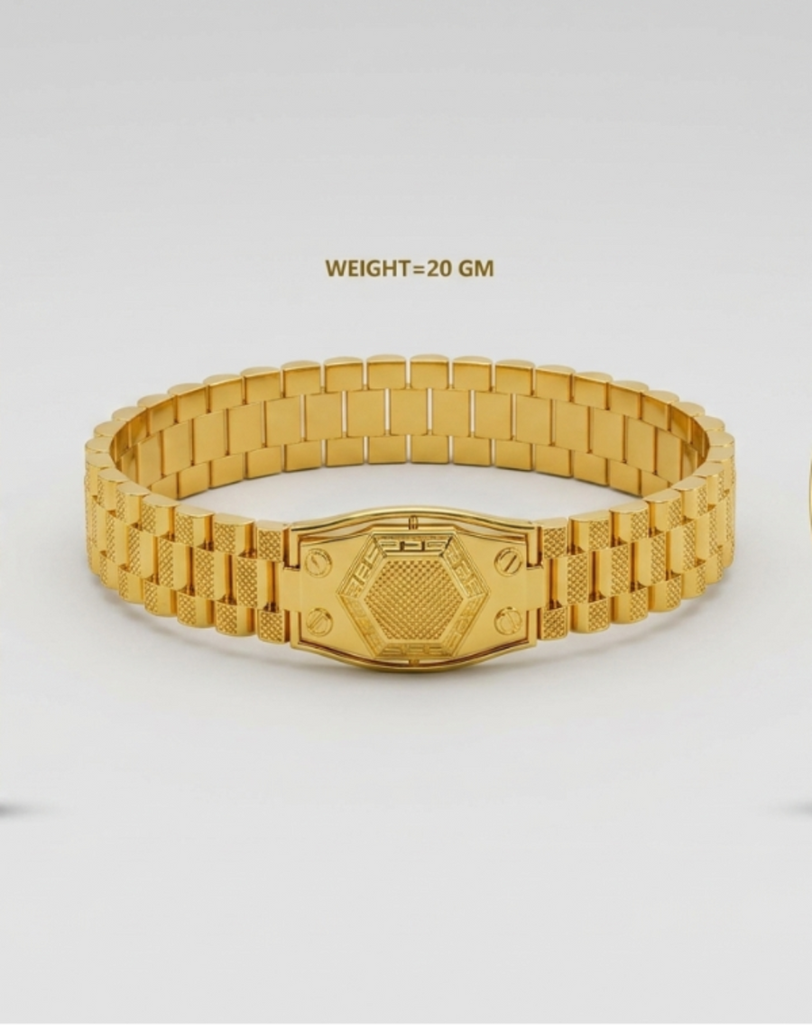 A gold-tone metal bracelet shown from multiple angles on a light gray background, with the text 'WEIGHT=20 GM' above the center view. The bracelet has a polished link design and a hexagonal clasp.