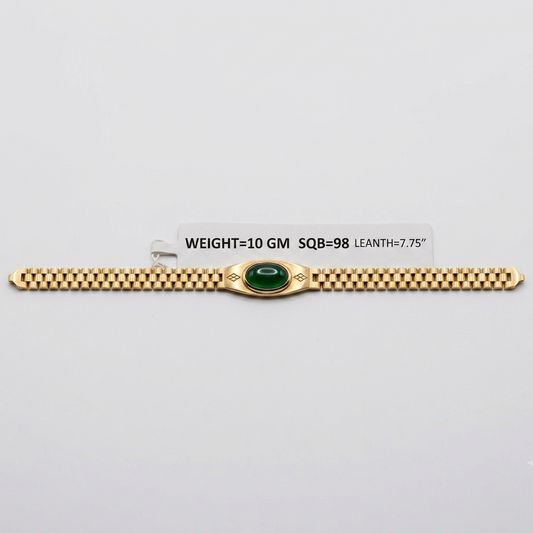 A gold bracelet with a central green oval stone and decorative side details, displayed on a light gray background with a small label showing weight and dimensions.