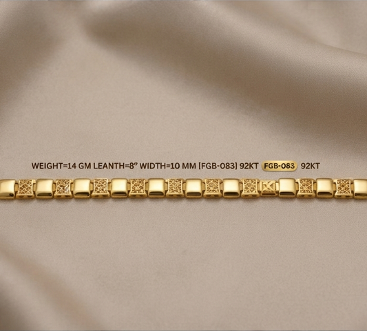 A gold paperclip-style bracelet laid horizontally on a beige satin fabric background, with product text above reading 'WEIGHT=1.4 GM LEANTH-8" WIDTH=1.