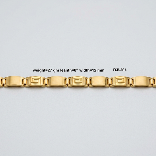 A gold-tone metal link bracelet with geometric Greek key motifs on the center links, displayed horizontally on a light gray background with text overlay detailing its specifications.