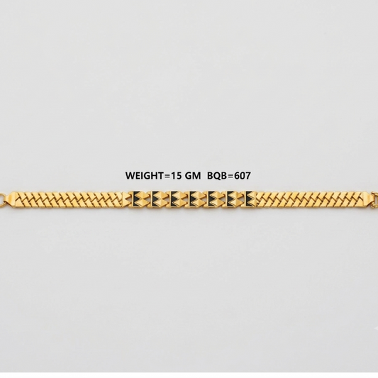A gold-toned chain bracelet with alternating textured gold and black links, displayed horizontally on a light gray background with text overlay indicating weight and style code.