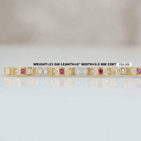 A yellow gold link bracelet with alternating pink gemstone and diamond sections, displayed on a reflective white surface with a soft beige background. A text overlay provides specifications: 'WEIGHT=23 GM LEATH=8" WIDTH=9.
