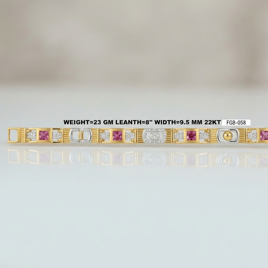 A yellow gold link bracelet with alternating pink gemstone and diamond sections, displayed on a reflective white surface with a soft beige background. A text overlay provides specifications: 'WEIGHT=23 GM LEATH=8" WIDTH=9.