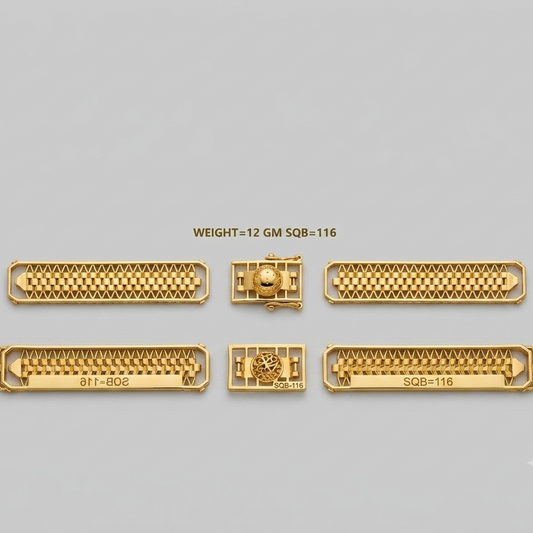 Gold-toned metal bracelet or chain components arranged on a light gray background, with small text above reading 'WEIGHT=12 GM SQB=116'. The image shows multiple close-up views of the same jewelry material, including links, end sections, and a clasp detail.