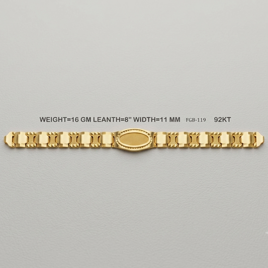 A 16GM 92KT yellow gold chain bracelet with an oval center medallion, displayed horizontally on a light gray textured background with product specifications printed above it.