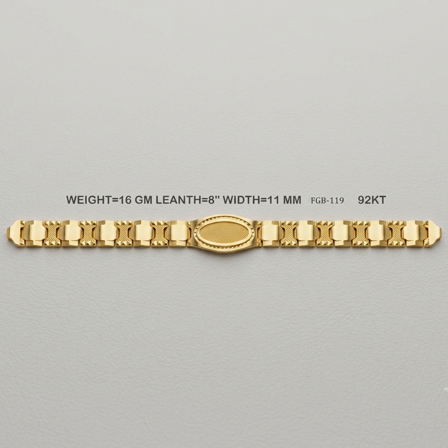 A 16GM 92KT yellow gold chain bracelet with an oval center medallion, displayed horizontally on a light gray textured background with product specifications printed above it.