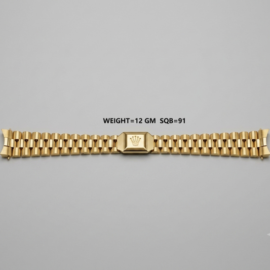 A gold metal watch band with a central clasp featuring a crown emblem, displayed horizontally on a neutral gray background with text overlay indicating weight and size.