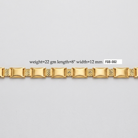A gold-colored metal link bracelet with a textured and polished finish, laid horizontally on a light gray background. Black text above the bracelet provides specifications: 'weight=22 gm length=8" width=12 mm' followed by a white label 'F68-002'.
