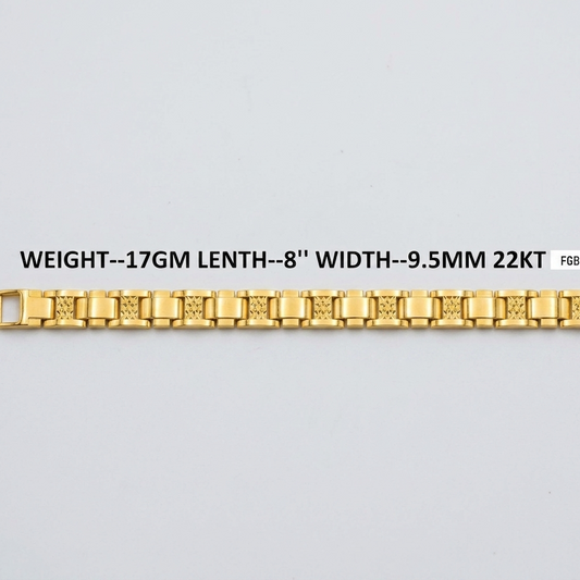 A gold-colored metal link bracelet shown horizontally on a light gray background, with text overlay detailing its specifications: weight 17GM, length 8 inches, width 9.5mm, and 22KT gold.