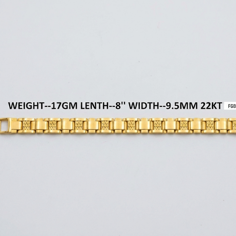A gold-colored metal link bracelet shown horizontally on a light gray background, with text overlay detailing its specifications: weight 17GM, length 8 inches, width 9.5mm, and 22KT gold.
