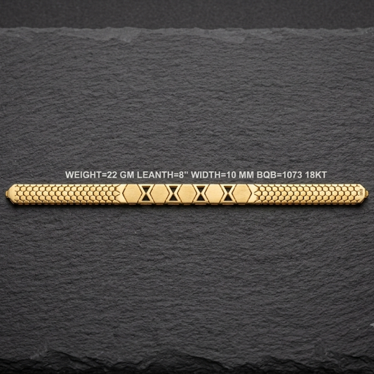 A 18KT yellow gold chain bracelet with three central hexagonal links and four diamond-patterned links, displayed on a dark slate background with text detailing its specifications.