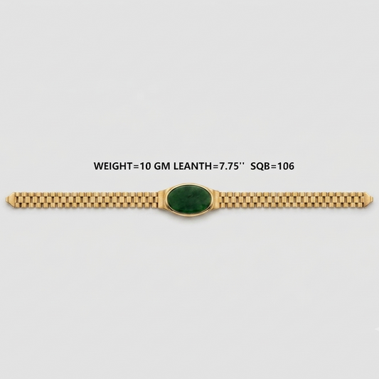 A yellow gold bracelet with a central oval green stone, displayed horizontally on a light gray background with text detailing its weight and dimensions.
