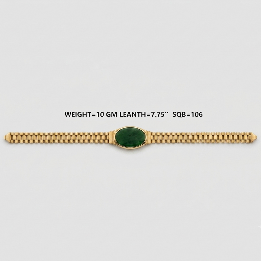 A yellow gold bracelet with a central oval green stone, displayed horizontally on a light gray background with text detailing its weight and dimensions.