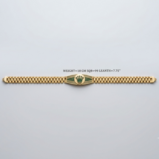 A gold-tone Rolex-style bracelet watch with a checkered link design and a central crown emblem, shown on a light gray background with a small text overlay detailing its weight and dimensions.