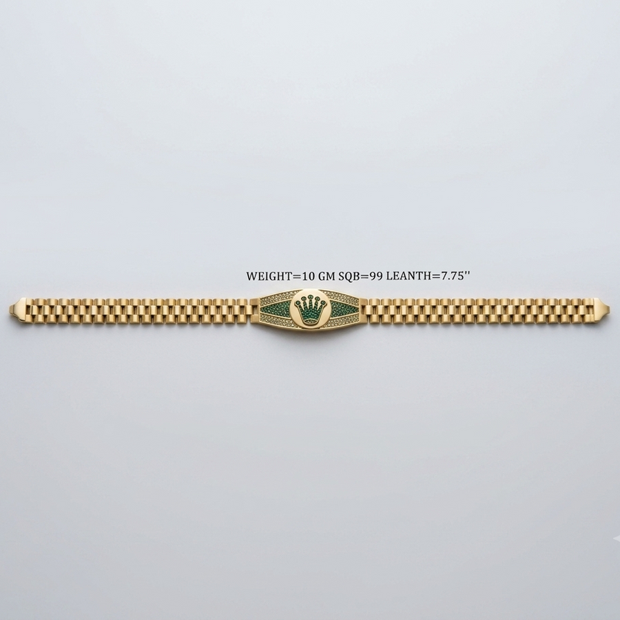 A gold-tone Rolex-style bracelet watch with a checkered link design and a central crown emblem, shown on a light gray background with a small text overlay detailing its weight and dimensions.