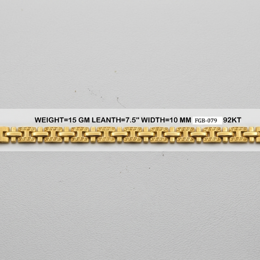 A 15 gram gold chain bracelet with a textured pattern of small squares on each link, displayed horizontally on a light gray textured background with product specifications printed above it.