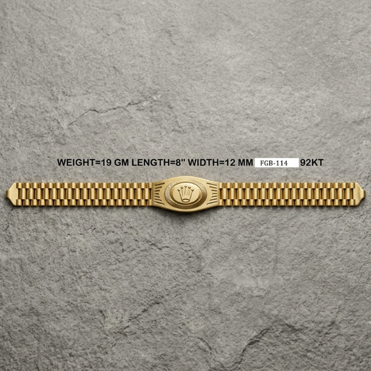 A gold-tone watch band with a central crown emblem, laid flat on a textured gray background. Black text above reads 'WEIGHT=19 GM LENGTH=8" WIDTH=12 MM' and 'FGB-114 92KT'.