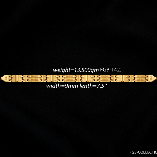 A gold-toned metal bracelet or chain bar shown horizontally on a black background, with overlaid text stating weight 13.500gm, width 9mm, and length 7.