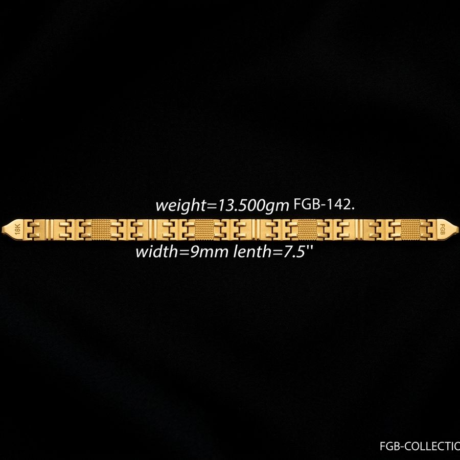 A gold-toned metal bracelet or chain bar shown horizontally on a black background, with overlaid text stating weight 13.500gm, width 9mm, and length 7.