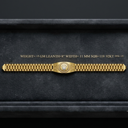 A gold Rolex Jubilee bracelet displayed horizontally inside a black velvet jewelry box, with gold text above reading 'WEIGHT= 15 GM LEANTH-8" WIDTH= 11 MM SQB-119 92K T DOL-22'.
