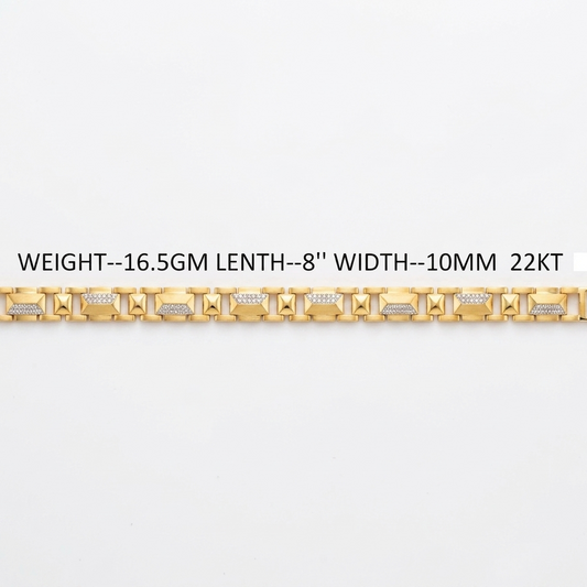 A gold-toned metal bracelet with geometric links and small clear stones, shown on a plain white background with text listing weight, length, width, and karat details.