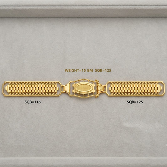 A gold-colored watch band with a textured link pattern, displayed horizontally on a light gray textured background. The band has a central oval clasp and two textured end sections, with text labels indicating 'SQB=116' on the left and 'SQB=125' on the right, plus 'WEIGHT=15 GM SQB=125' above.