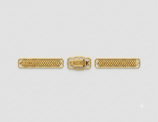 A three-piece gold watch strap set consisting of two matching textured metal links and a central buckle, displayed horizontally on a light gray background.