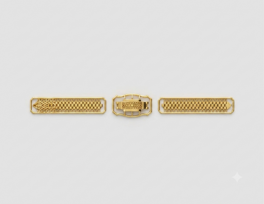 A three-piece gold watch strap set consisting of two matching textured metal links and a central buckle, displayed horizontally on a light gray background.