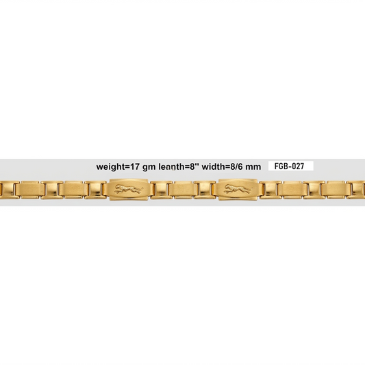 A gold link bracelet with a central engraved link featuring a horse logo, shown against a light gray background with product specifications printed above it.