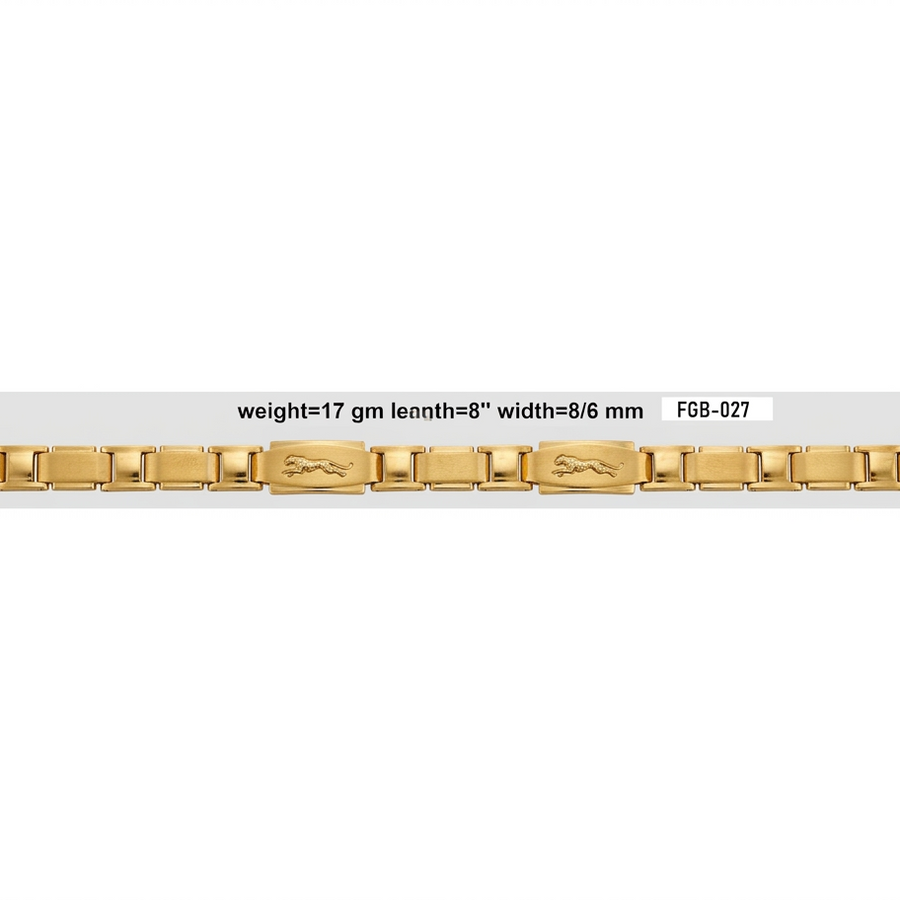 A gold link bracelet with a central engraved link featuring a horse logo, shown against a light gray background with product specifications printed above it.