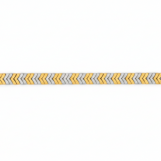Four product detail cards on a black background showing different lengths of a gold and pink patterned cord or thread, labeled with codes, measurements, and gold weight in grams.
