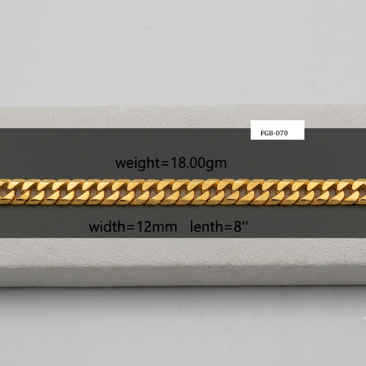 A gold Cuban link chain bracelet displayed on a gray textured block with overlaid dimensions and weight information: weight=18.00gm, width=12mm, length=8".
