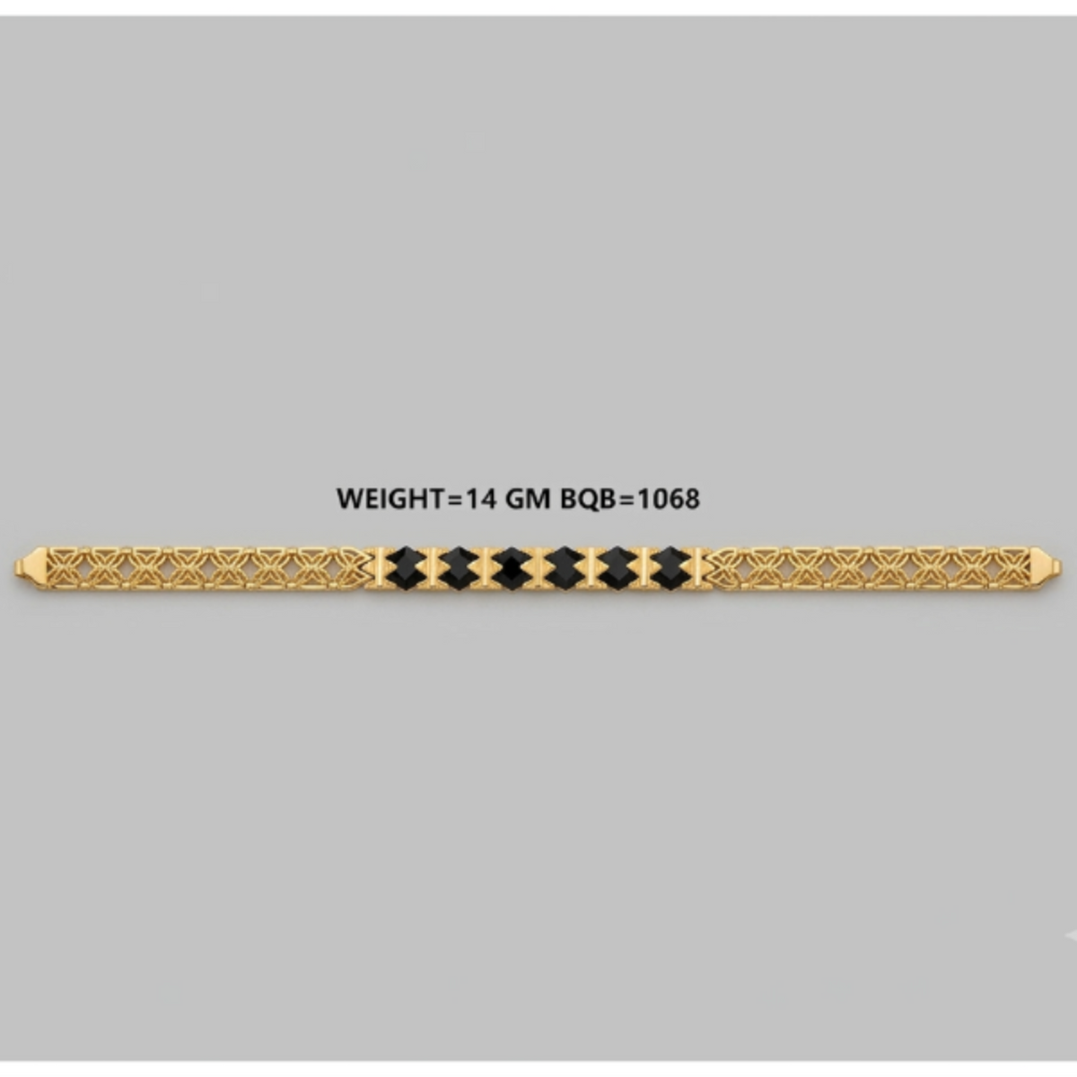 A gold-toned filigree bracelet with a central row of black diamond-shaped stones, shown horizontally on a plain gray background with text indicating weight and gemstone count.