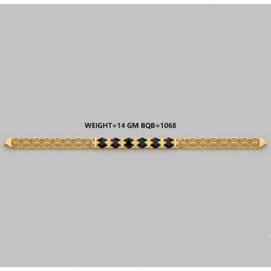 A gold-toned filigree bracelet with a central row of black diamond-shaped stones, shown horizontally on a plain gray background with text indicating weight and gemstone count.